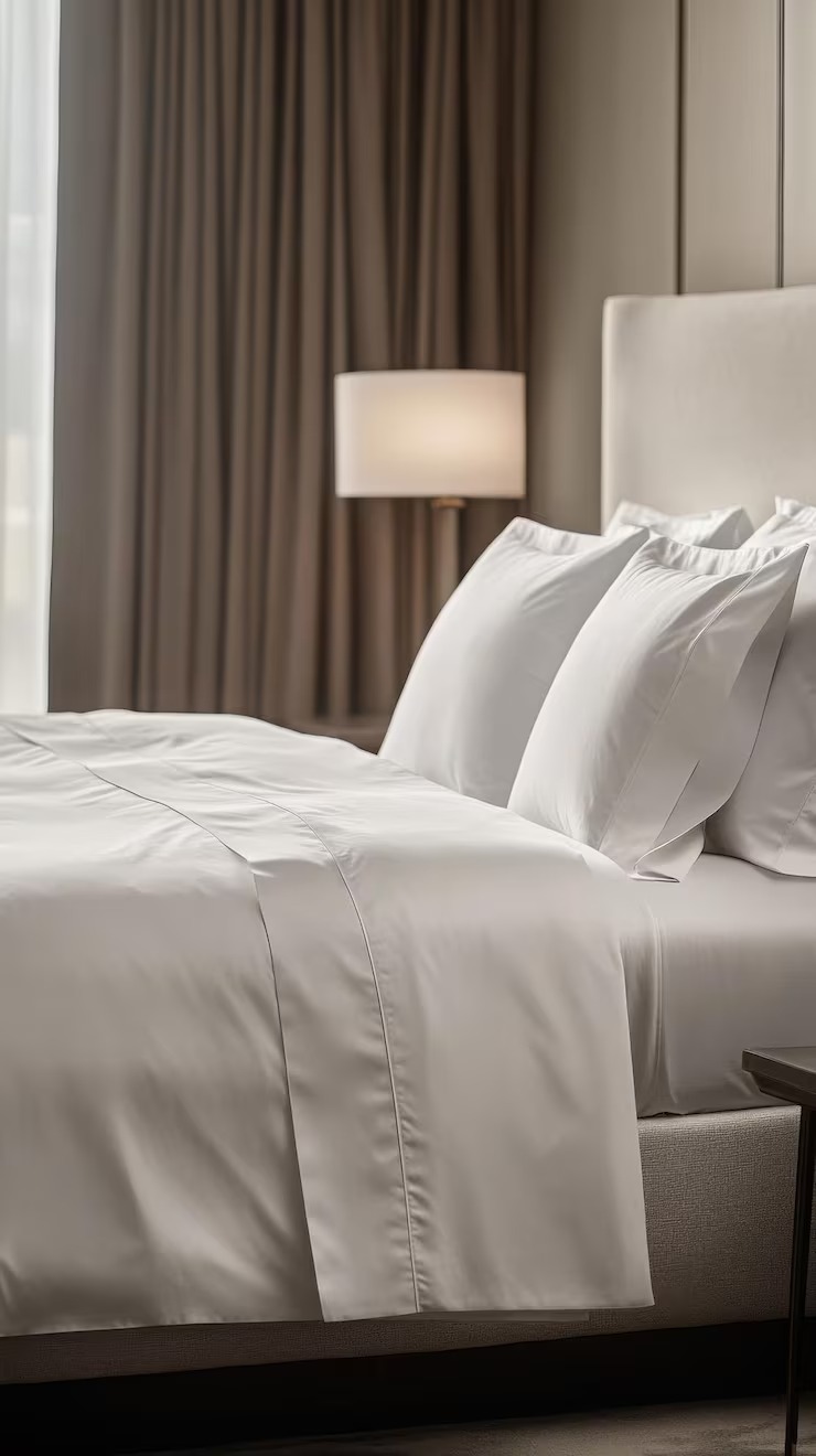 Luxury Hotel Room Elegant White Bed Linens Modern Decor Upscale Interi by Orient Uniforms for customers in Dubai, Abu Dhabi, Sharjah, Ajman and across the UAE