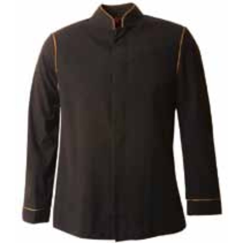 Chef Black Jacket Full Sleeves Brown Piping Button Closure by Orient Uniforms for customers in Dubai, Abu Dhabi, Sharjah, Ajman and across the UAE